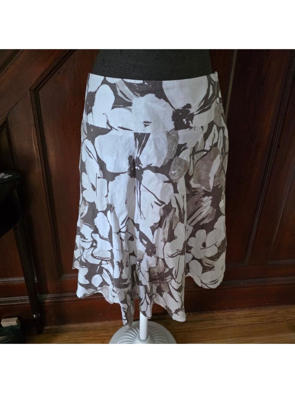 Grace Womens Floral A-Line Linen Skirt White & Brown Size 8